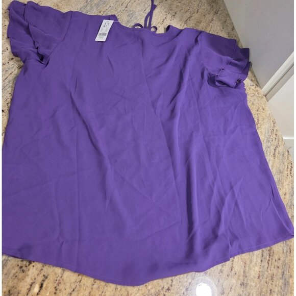 New! NY & Co Size L Purple Flutter Sleeve Tie Neck Keyhole Blouse Cute - Picture 10 of 11